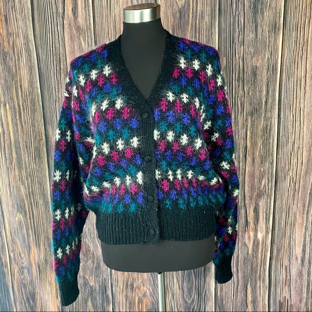 VINTAGE 80's 90's JAY JACOBS Jewel Tone Knit Mohair V neck Cardigan Sweater